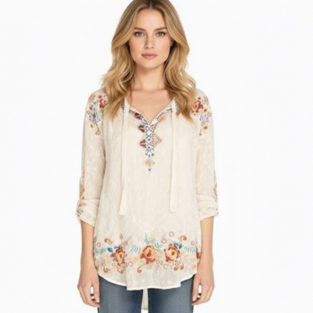 Johnny Was - women’s Gina tie Front tunic blouse floral embroidered beige top S